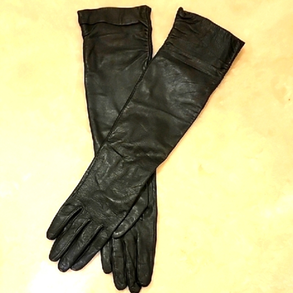 NWOT Elegant Black Opera-Length Leather Gloves With Slik Lining Size Women's S/M